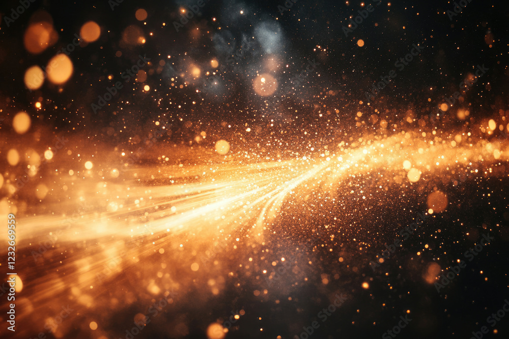 Poster Golden light streaks across a dark background, sparkling with bokeh effects and glittering dust.