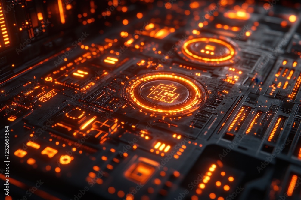 Poster intricate circuit board illuminated by orange lights in a dark environment showcasing advanced techn