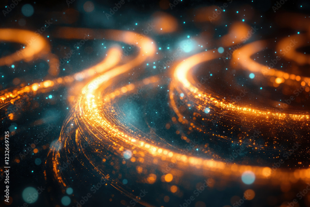 Poster abstract swirling golden light trails in a dark space, speckled with teal bokeh.