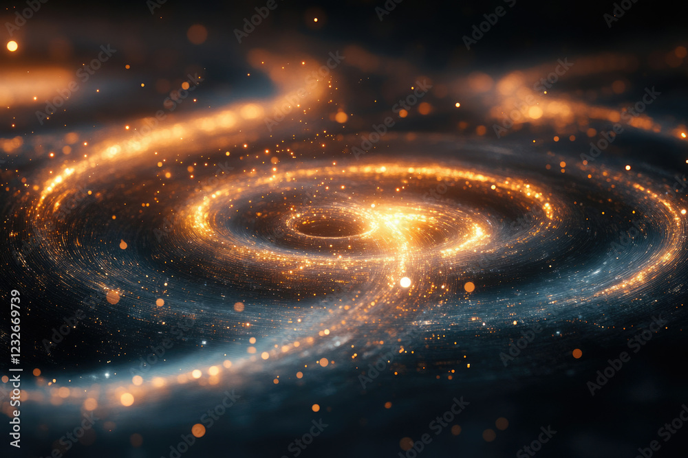 Poster a swirling vortex of golden light and particles in a dark space, resembling a cosmic galaxy or nebul