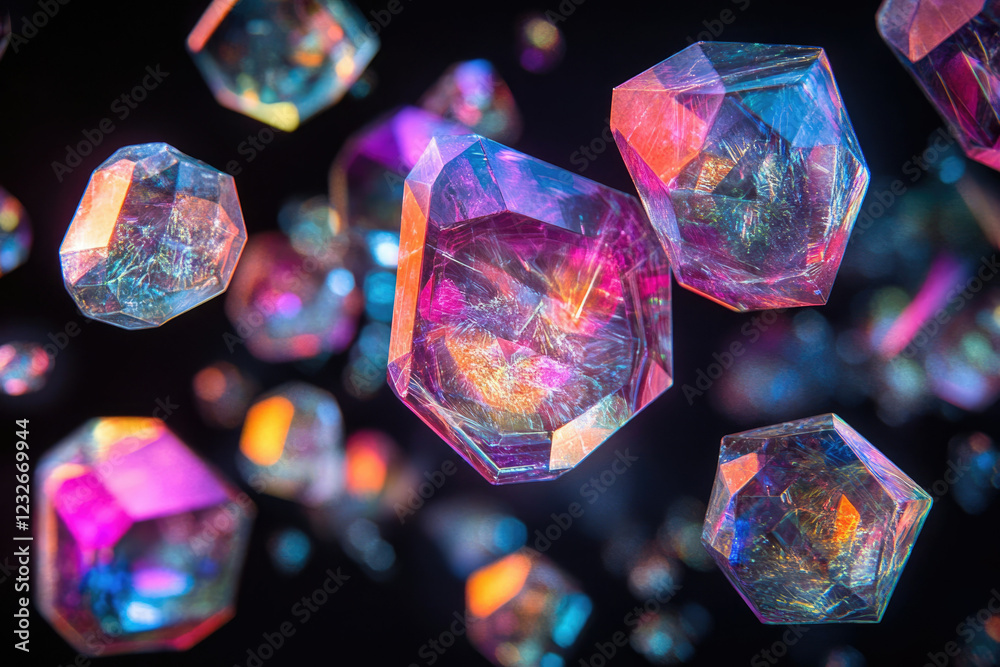 Aufkleber vibrant, multifaceted crystals float in a dark space, showcasing iridescent colors and intricate int