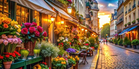 Gentle Parisian sunlight streams, illuminating a flower shop brimming with blooms. Customers browse, a tranquil scene.