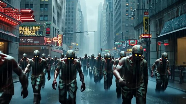 Dark Horror Mystery Danger once-festive city street, zombies dressed in colorful festival costumes running in unison. Torn parade banners, fallen confetti, broken floats look celebration turned horror