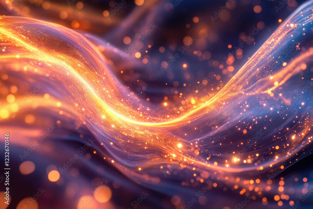 Aufkleber abstract glowing wave with vibrant orange and blue particles, creating a mesmerizing cosmic effect.