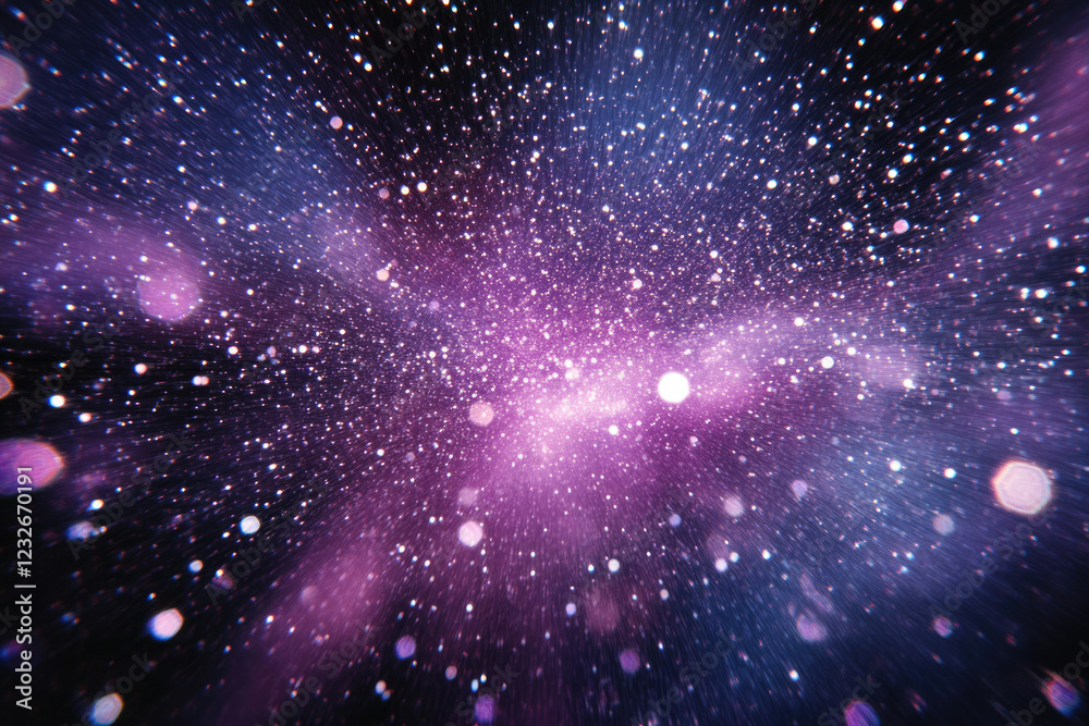 Poster abstract cosmic background with purple and blue hues, glittering stars and bokeh effects creating a 