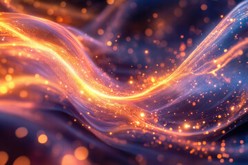 Obraz premium Abstract glowing wave with vibrant orange and blue particles, creating a mesmerizing cosmic effect.