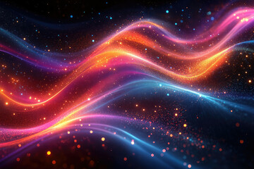 Abstract artwork depicting vibrant, glowing waves of orange, pink, and blue particles in a dark space.