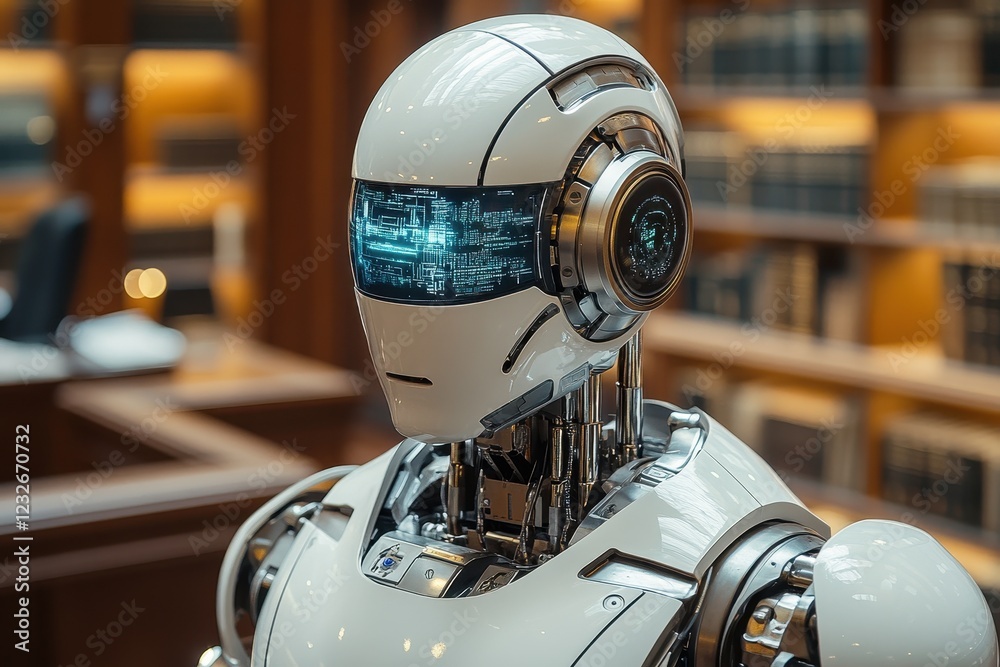 Poster advanced humanoid robot stands in a library showcasing its intricate design and futuristic features