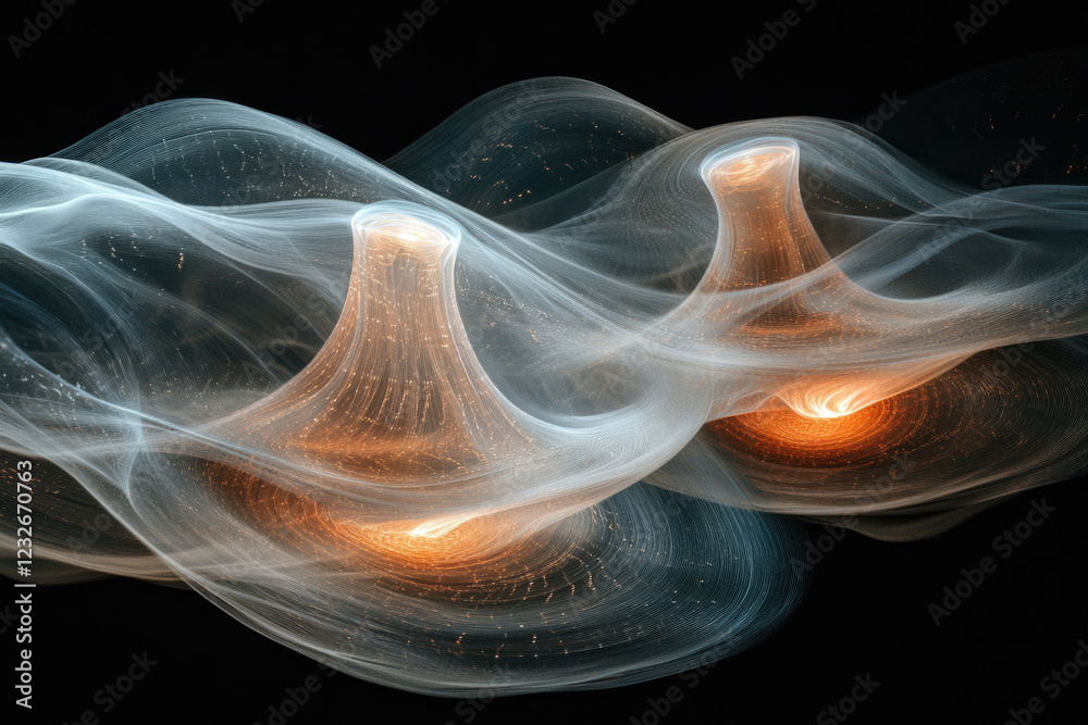 Poster abstract artwork depicting two swirling, luminous vortexes connected by ethereal, flowing fabric, cr