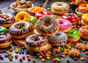 Enticing panoramic view of glazed donuts, sprinkled delights.