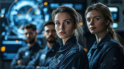 Fototapeta premium A team of four aviation engineers, two men and two women, dressed in technical uniforms, standing in front of a futuristic aircraft prototype with blurred blueprints and high-tech displays behind them