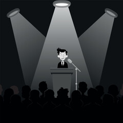 Guy behind podium for public speaking in spotlight in front of audience, fear of public speaking, flat style, black and white picture