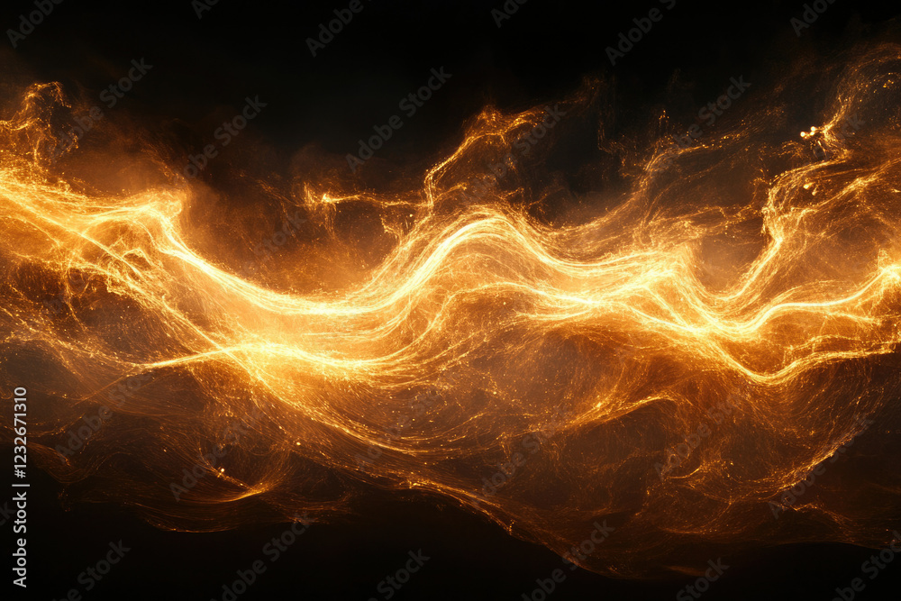Poster abstract golden energy waves flowing in dark space, a cosmic stream of light and particles.