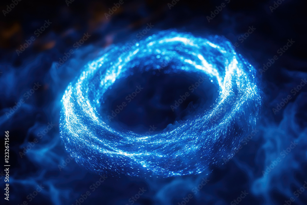 Poster A mesmerizing blue vortex of light particles swirling in a dark, ethereal space, creating a captivating circular pattern.