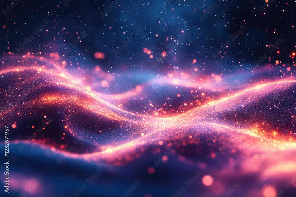 Poster abstract cosmic landscape with glowing pink and blue particles, creating a dreamy, ethereal scene.