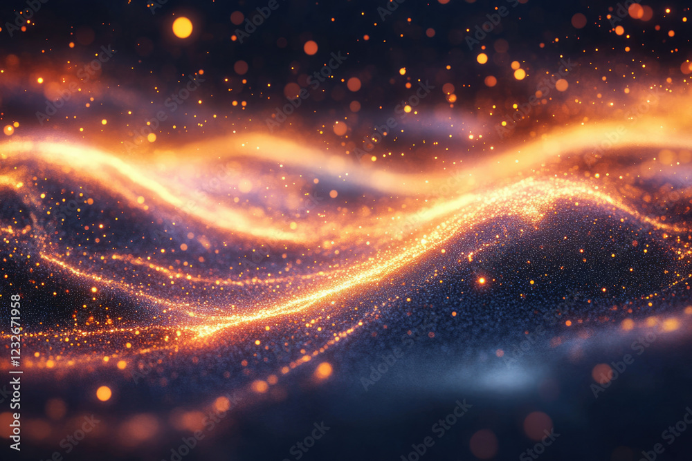 Poster glowing particles form abstract waves, creating a mesmerizing and vibrant cosmic landscape.