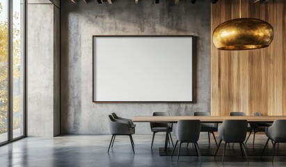 Industrial Chic Dining Room Mockup: An industrial-style dining room features a long wooden table with grey chairs, a large blank canvas, a unique gold pendant lamp, and a view through a window.