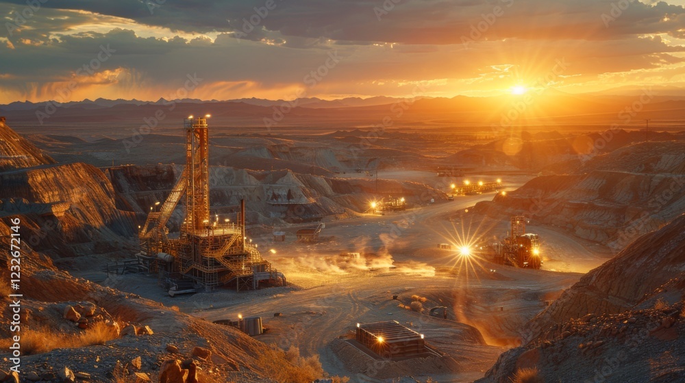 Fototapete an expansive open pit mine is illuminated by a vibrant sunset. heavy machinery operates on the site 