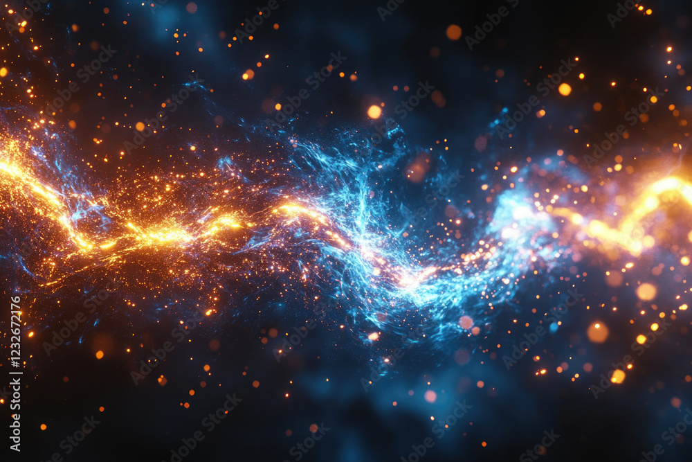 Poster abstract artwork depicting intertwining streams of vibrant blue and orange energy with sparkling par