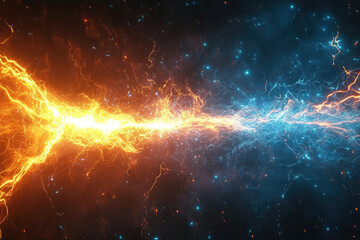 Clashing streams of fiery orange and icy blue energy collide in a dramatic display of power.