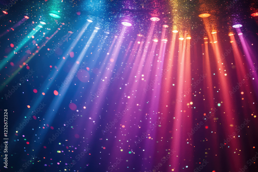 Poster colorful stage lights create a magical, vibrant atmosphere with sparkling particles.
