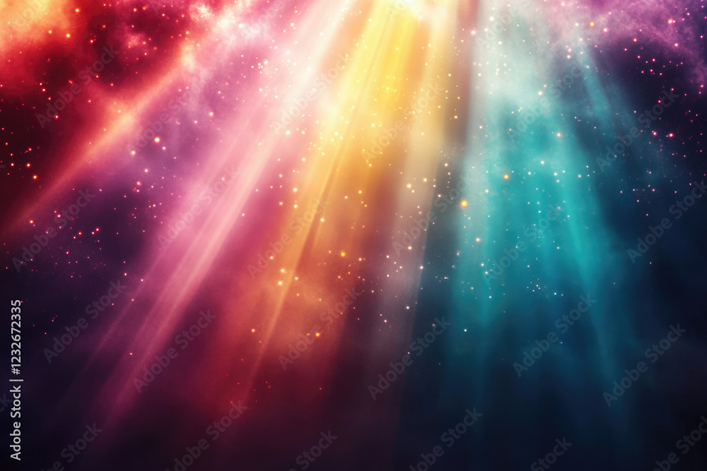 Poster cosmic rays illuminate a nebula, creating a vibrant, colorful spectacle of stardust and light.