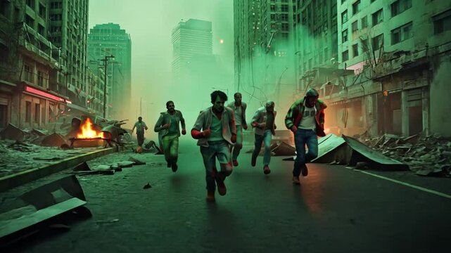 Dark HZombies run futuristic cyberpunk city, their decayed bodies illuminated by flickering neon signs holograms. Rain-soaked streets reflect eerie red and blue lightsorror Mystery Danger 