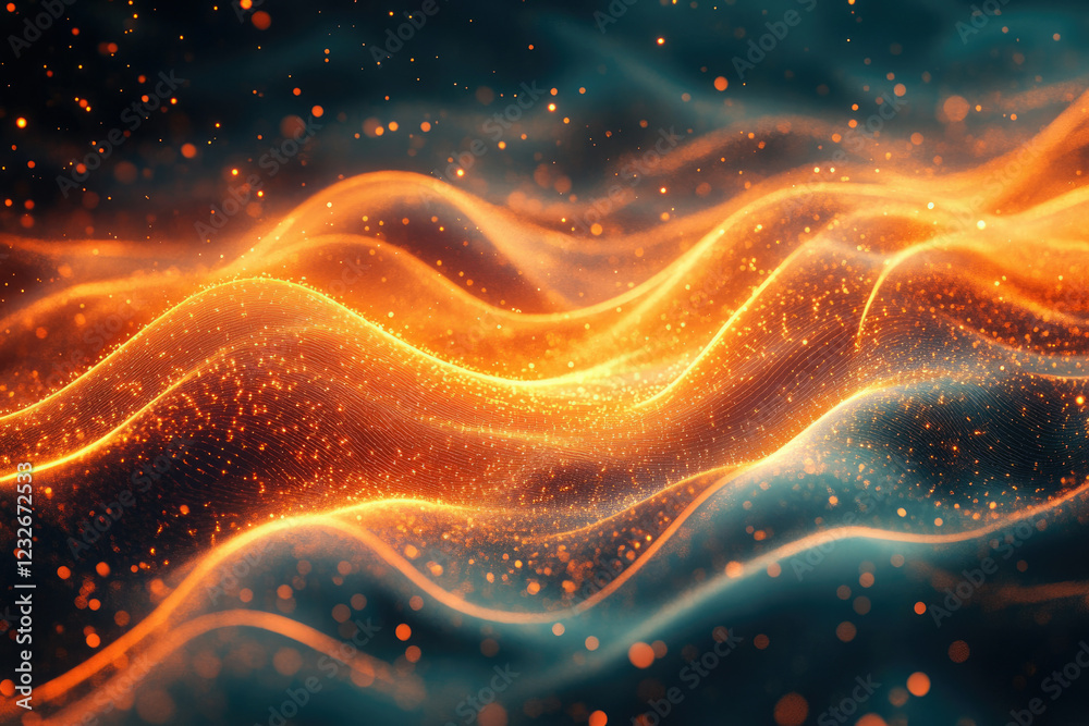 Poster Abstract fiery orange waves of glowing particles, dynamic and energetic motion.