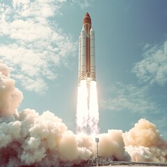 Rocket Launch: The Moment of Thrilling Takeoff and smoke trail against the twilight sky.