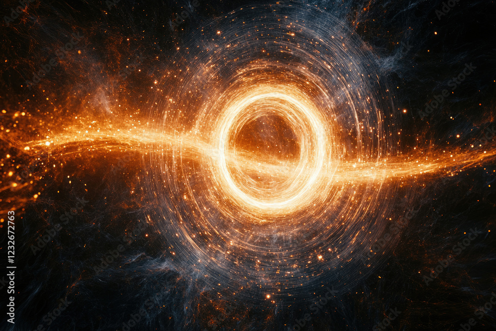 Poster a swirling vortex of cosmic energy, fiery particles illuminate a dark nebula, resembling a celestial
