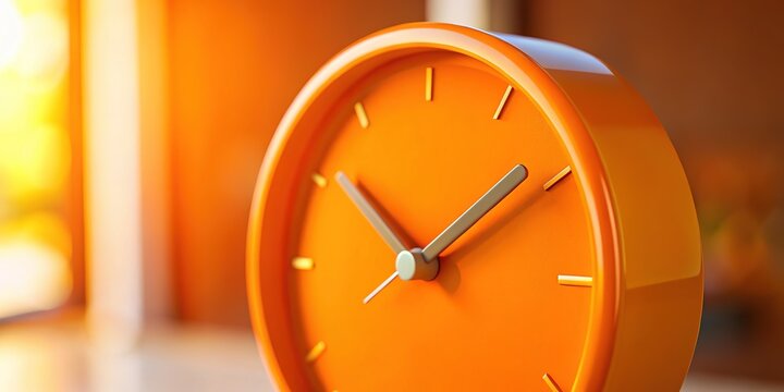 Deep field shot of a minimalist orange clock at 11:45.