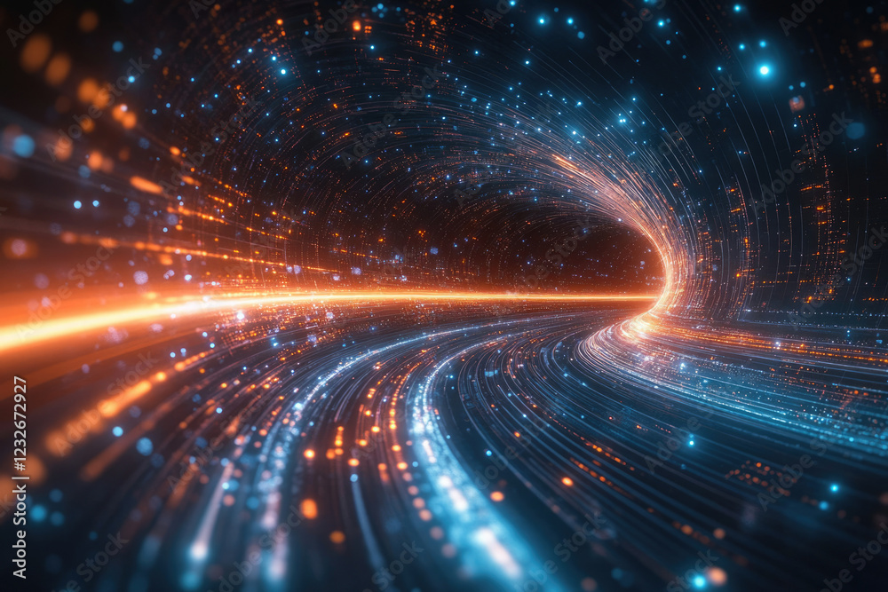 Aufkleber Abstract digital tunnel with glowing lines and particles, representing data flow and futuristic technology.