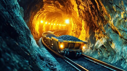 Naklejka premium Ore train inside illuminated mine tunnel.