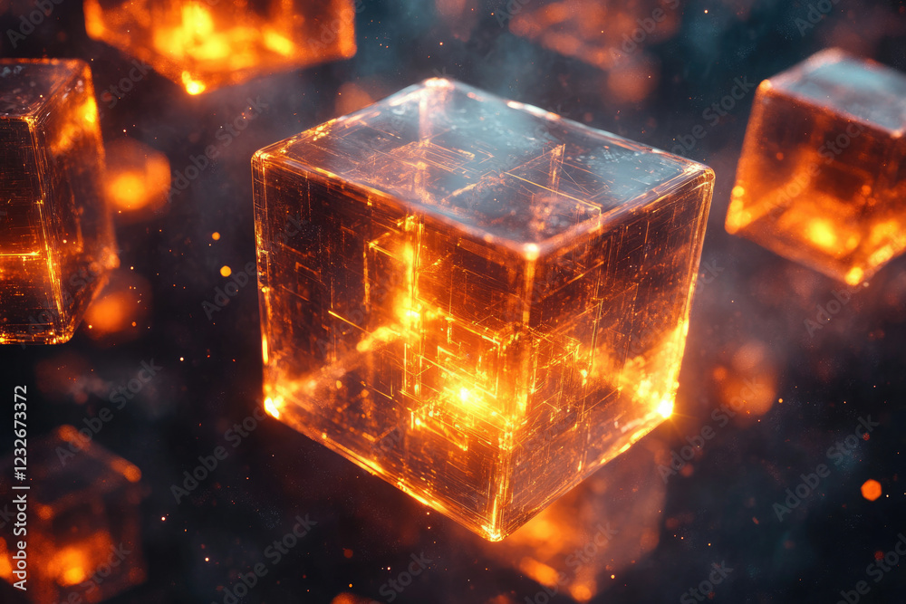 Aufkleber glowing, transparent cubes with internal circuitry float in a dark, smoky space.