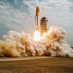 Rocket Launch: The Moment of Thrilling Takeoff and smoke trail against the twilight sky.