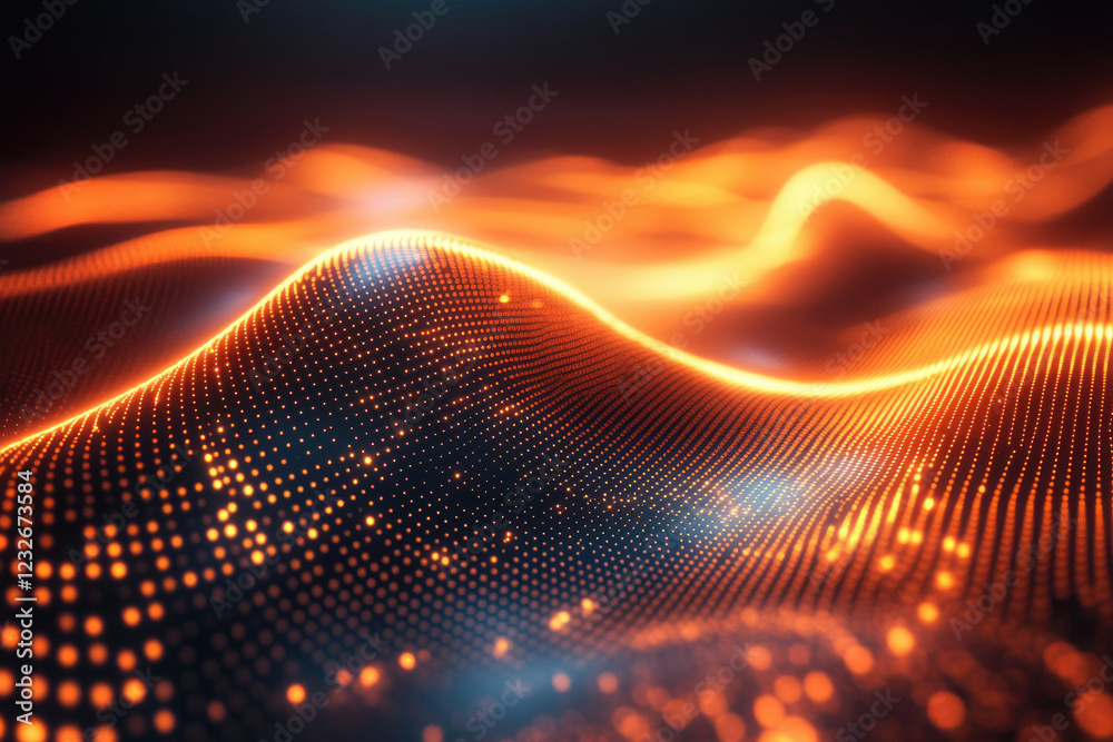 Aufkleber Abstract orange glowing particle wave, digital data flow, futuristic technology concept.