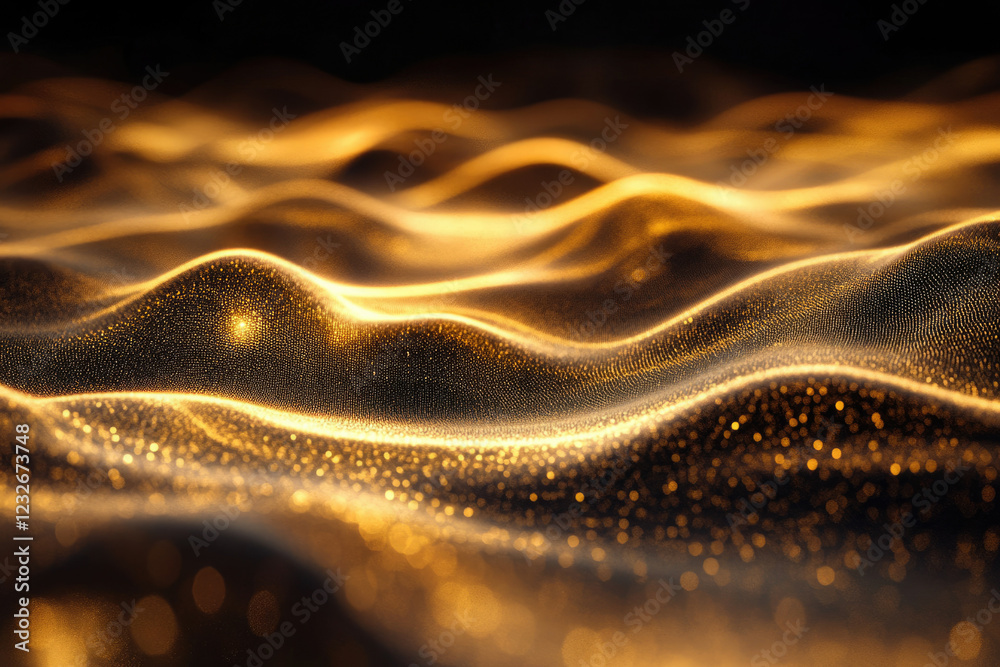 Poster Golden particles flowing like waves, creating an abstract, luxurious and shimmering effect.