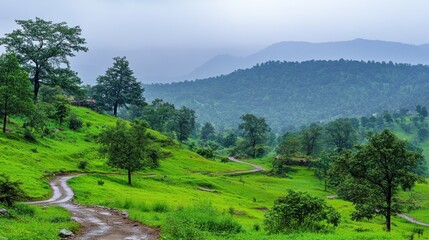 Winding dirt road through lush green hills and valleys on a misty day.