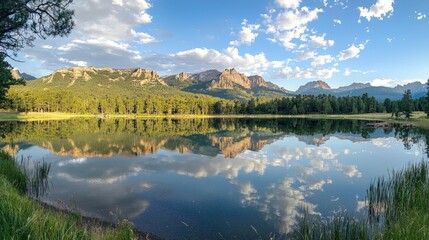 Fototapeta premium A serene lake view with mountains reflected on the calm surface. 