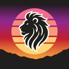 Lion Silhouette with Sunset Gradient and Mountain Landscape
