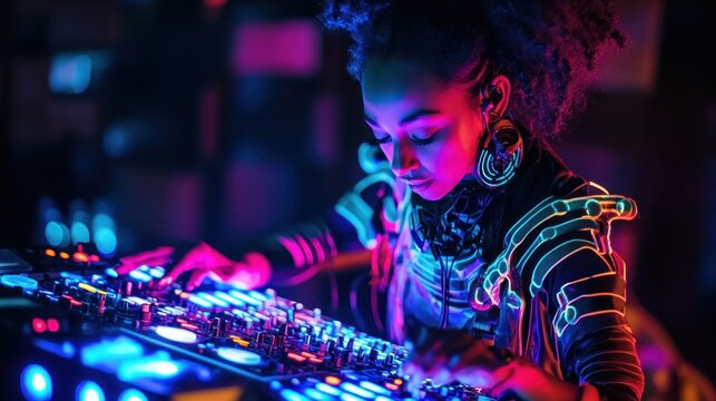 Neon Nights: A Female DJ Performing at a Vibrant Music Festival