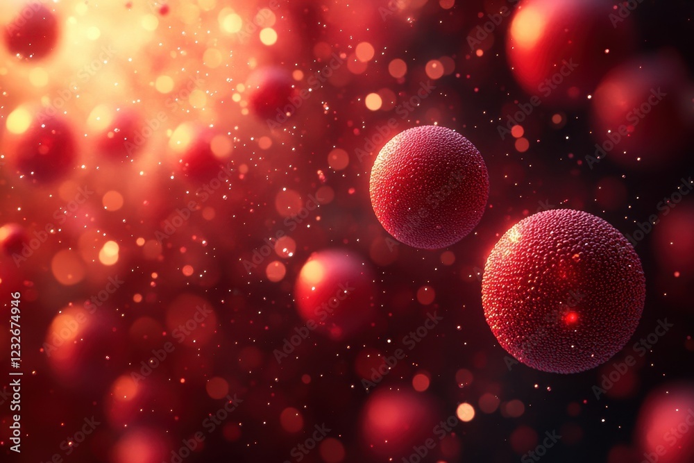 Poster red cells floating in a surreal space filled with glowing particles and shimmering light at an abstr