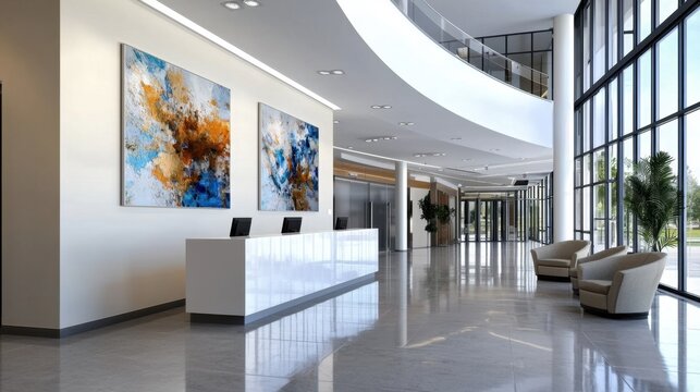 A large lobby with a white wall and two paintings on it