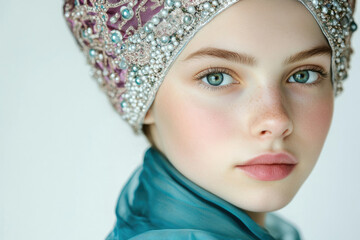 A young woman with freckles, wearing a jeweled headpiece and teal scarf, gazes intensely.