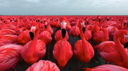 Vibrant Group of Flamingos Standing in Shallow Water at Sunrise