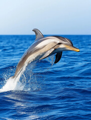Striking the Pose: A playful and spirited striped dolphin leaps high above the ocean's azure waves, its sleek form a testament to agility and grace.