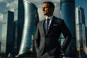 Fototapeta premium Confident businessman in suit standing against modern cityscape, contemplating future success.