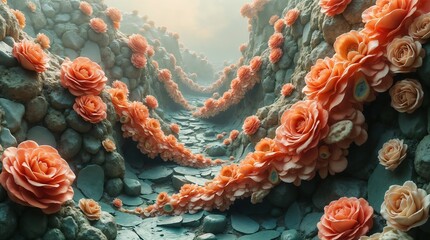 Naklejka premium Orange roses bloom vividly on rocky walls, contrasting textured stones
