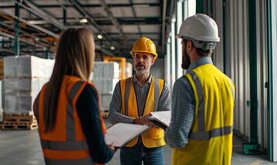 Collaborative supply chain management meeting warehouse facility informal discussion industrial environment team engagement strategic planning