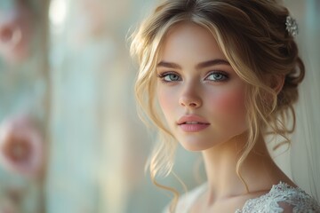 Fototapeta premium Elegant bride with soft makeup poses in front of a floral backdrop during morning light